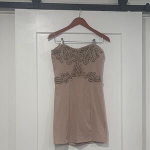 Free People Strapless Dress in Tan with Beaded Detail